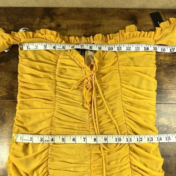 LULUS Dress Womens Size L Mustard Yellow Ruched Off-the-Shoulder Bodycon - Picture 11 of 12